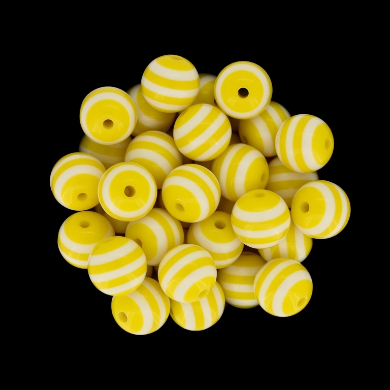 RESIN PLASTIC BEADS - BALL RESIN STRIPE BEADS - 12mm YELLOW WITH WHITE - 500pcs. Hole-2.0mm