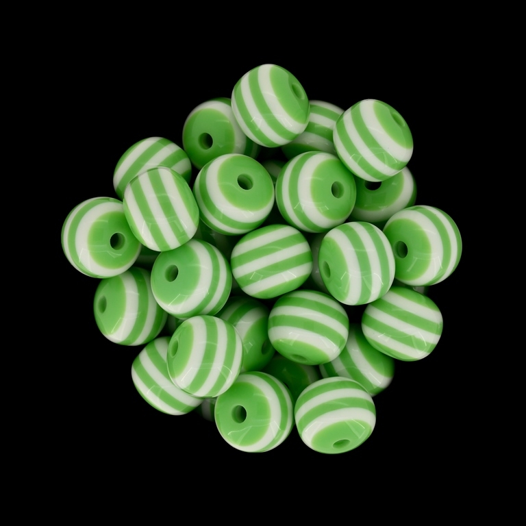 RESIN PLASTIC BEADS - BALL RESIN STRIPE BEADS - 12mm GREEN WITH WHITE - 500pcs. Hole-2.0mm