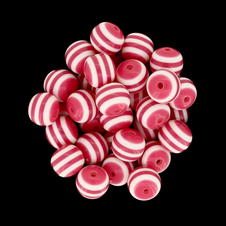 RESIN PLASTIC BEADS - BALL RESIN STRIPE BEADS - 12mm CORAL PINK WITH WHITE - 500pcs. Hole-2.0mm