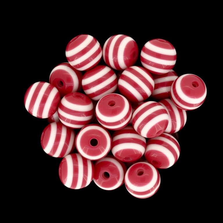 RESIN PLASTIC BEADS - BALL RESIN STRIPE BEADS - 12mm CORAL PINK (DARK) WITH WHITE - 500pcs. Hole-2.0mm