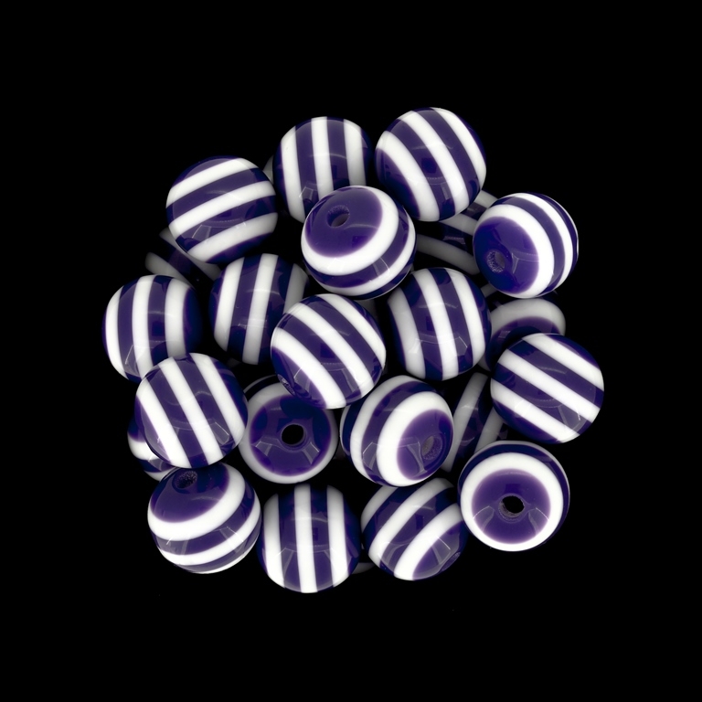 RESIN PLASTIC BEADS - BALL RESIN STRIPE BEADS - 12mm PURPLE (DARK) WITH WHITE - 500pcs. Hole-2.0mm