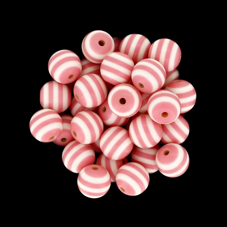 RESIN PLASTIC BEADS - BALL RESIN STRIPE BEADS - 12mm PEACH WITH WHITE - 500pcs. Hole-2.0mm