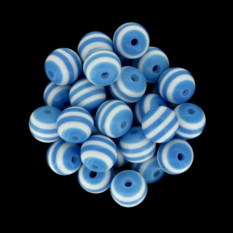 RESIN PLASTIC BEADS - BALL RESIN STRIPE BEADS - 12mm BLUE WITH WHITE - 500pcs. Hole-2.0mm