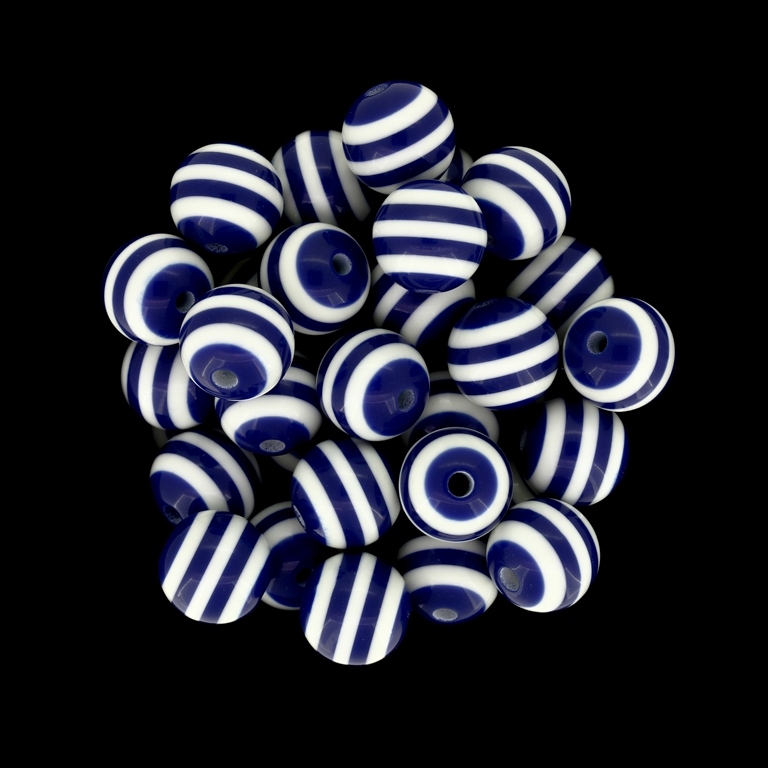 RESIN PLASTIC BEADS - BALL RESIN STRIPE BEADS - 12mm BLUE (DARK) WITH WHITE - 500pcs. Hole-2.0mm