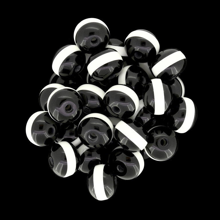 RESIN PLASTIC BEADS - BALL RESIN STRIPE BEADS - 12mm BLACK WITH WHITE STRIPE - 500pcs. Hole-2.0mm