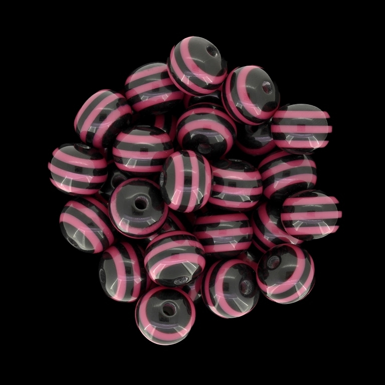 RESIN PLASTIC BEADS - BALL RESIN STRIPE BEADS - 12mm BLACK WITH PINK (DARK) - 500pcs. Hole-2.0mm