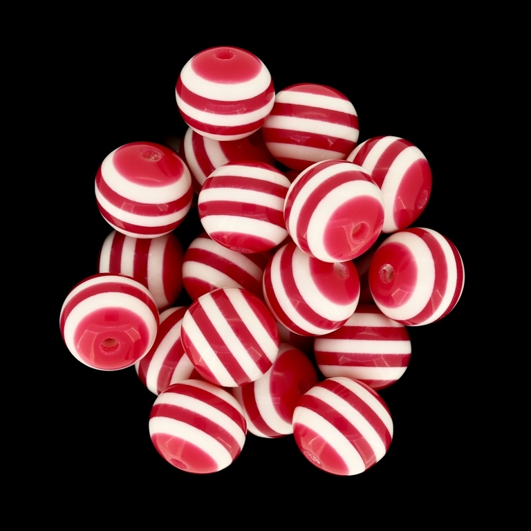 RESIN PLASTIC BEADS - BALL RESIN STRIPE BEADS - 14mm CORAL PINK (DARK) WITH WHITE - 250pcs. Hole-2.5mm