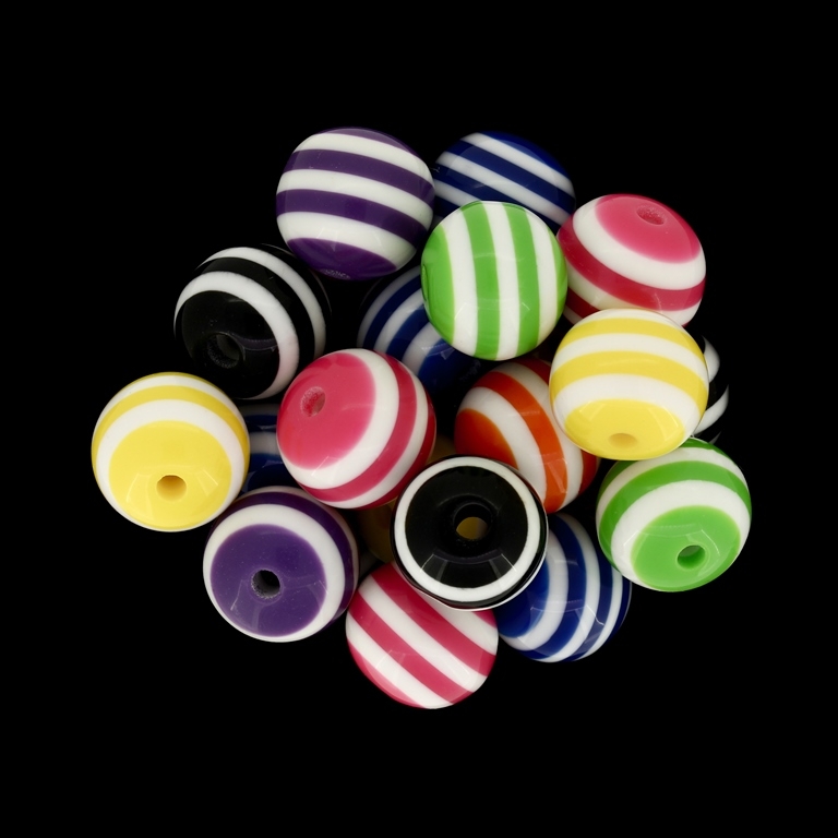 RESIN PLASTIC BEADS - BALL RESIN STRIPE BEADS - 14mm MIX - 10 pcs. Hole-2.5mm