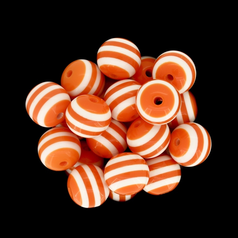 RESIN PLASTIC BEADS - BALL RESIN STRIPE BEADS - 14mm ORANGE (LIGHT) WITH WHITE - 250pcs. Hole-2.5mm