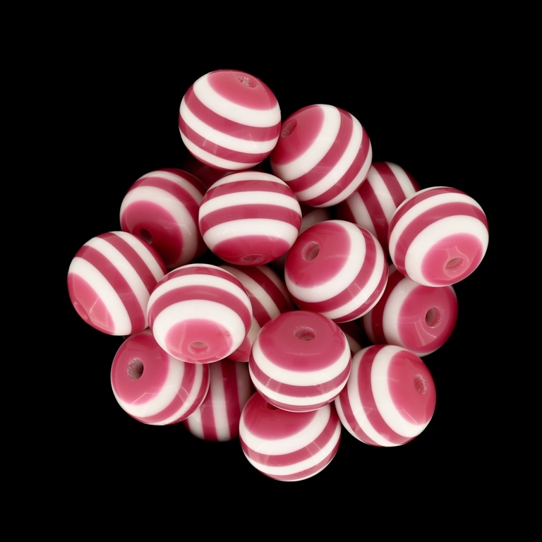 RESIN PLASTIC BEADS - BALL RESIN STRIPE BEADS - 14mm CYCLAMEN WITH WHITE - 10 pcs. Hole-2.5mm