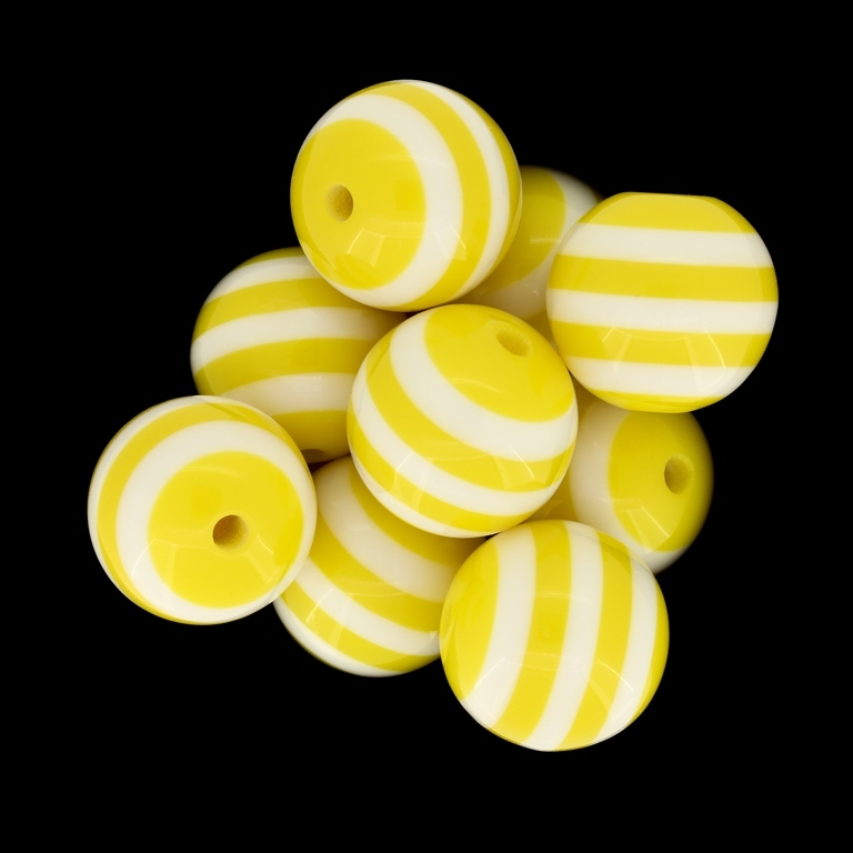 RESIN PLASTIC BEADS - BALL RESIN STRIPE BEADS - 20mm YELLOW WITH WHITE - 5 pcs. Hole-3.0mm