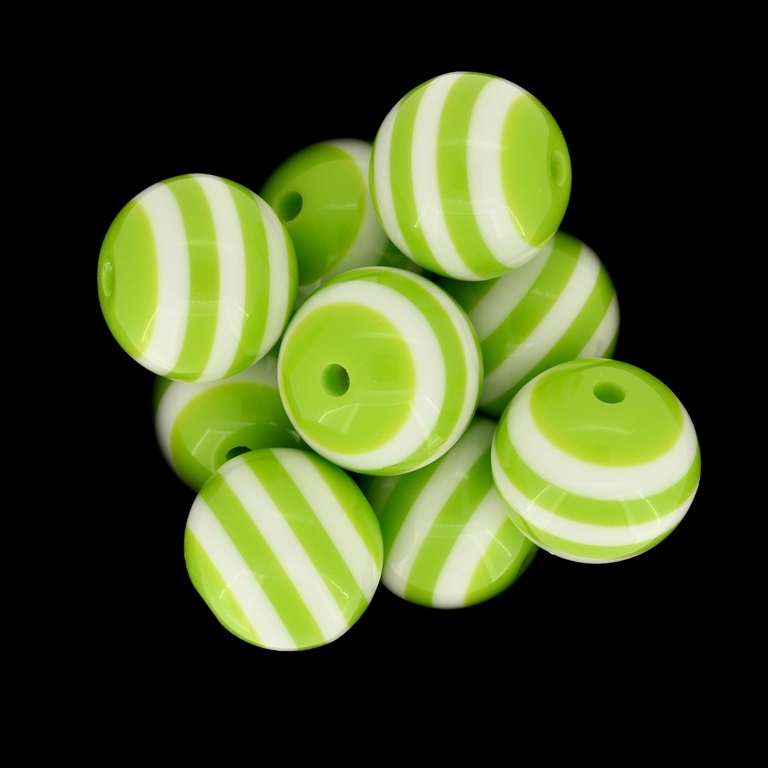 RESIN PLASTIC BEADS - BALL RESIN STRIPE BEADS - 20mm GREEN (LIGHT) WITH WHITE - 5 pcs. Hole-3.0mm