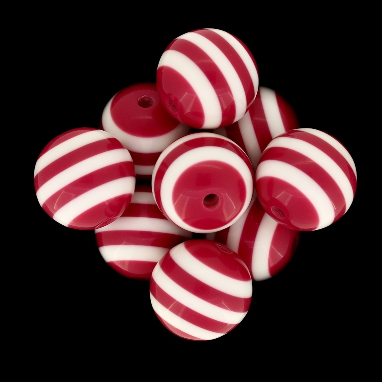 RESIN PLASTIC BEADS - BALL RESIN STRIPE BEADS - 20mm CORAL PINK (DARK) WITH WHITE - 100pcs. Hole-3.0mm