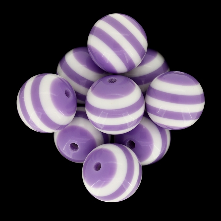 RESIN PLASTIC BEADS - BALL RESIN STRIPE BEADS - 20mm PURPLE (LIGHT) 02 WITH WHITE - 100pcs. Hole-3.0mm