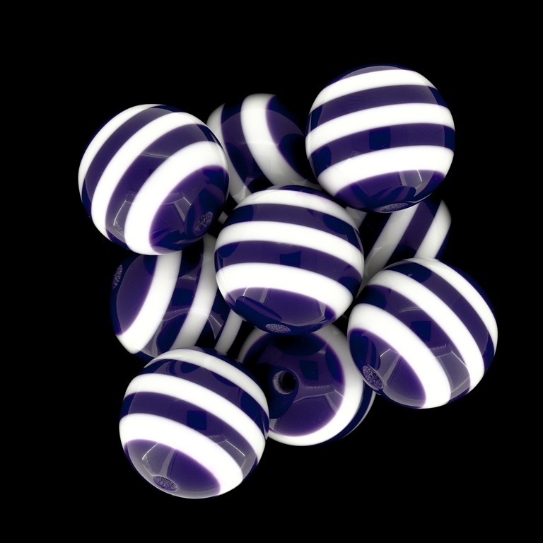 RESIN PLASTIC BEADS - BALL RESIN STRIPE BEADS - 20mm PURPLE (DARK) WITH WHITE - 5 pcs. Hole-3.0mm