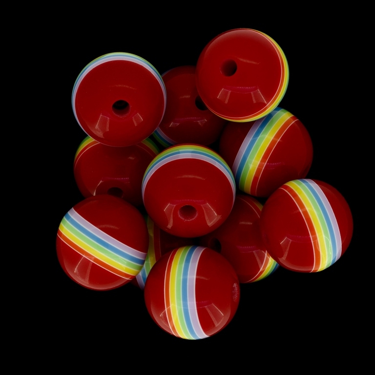 RESIN PLASTIC BEADS - BALL RESIN STRIPE BEADS - 20mm RED WITH RAINBOW - 5 pcs. Hole-3.0mm