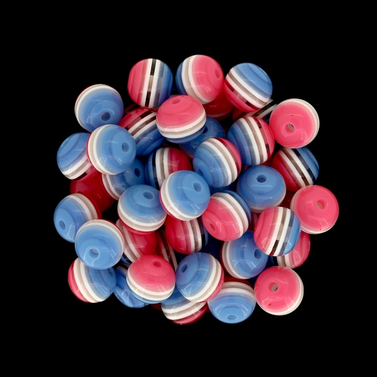 RESIN PLASTIC BEADS - BALL RESIN STRIPE BEADS TRANSPARENT - 10mm BLUE-WHITE-PINK - 1000pcs. Hole-2.0mm