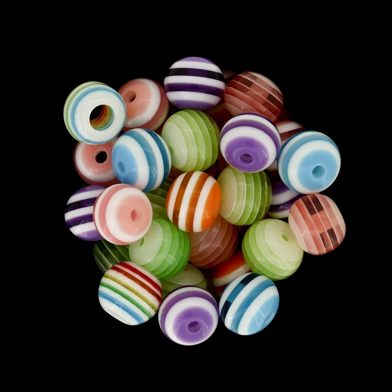 RESIN PLASTIC BEADS - BALL RESIN STRIPE BEADS TRANSPARENT - 12mm MIX - 25 pcs. Hole-2.0mm