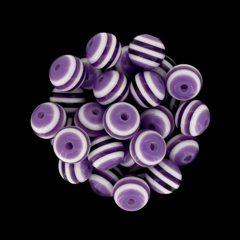 RESIN PLASTIC BEADS - BALL RESIN STRIPE BEADS TRANSPARENT - 12mm TRANSPARENT PURPLE AND WHITE - 25 pcs. Hole-2.0mm