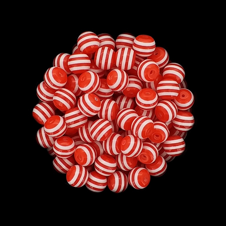 RESIN PLASTIC BEADS - BALL RESIN STRIPE BEADS - 8mm RED WITH WHITE - 50 pcs. Hole-1.5mm