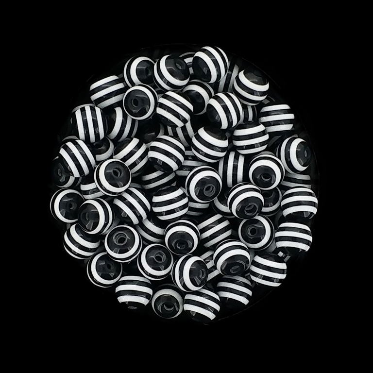 RESIN PLASTIC BEADS - BALL RESIN STRIPE BEADS - 8mm BLACK WITH WHITE - 50 pcs. Hole-1.5mm