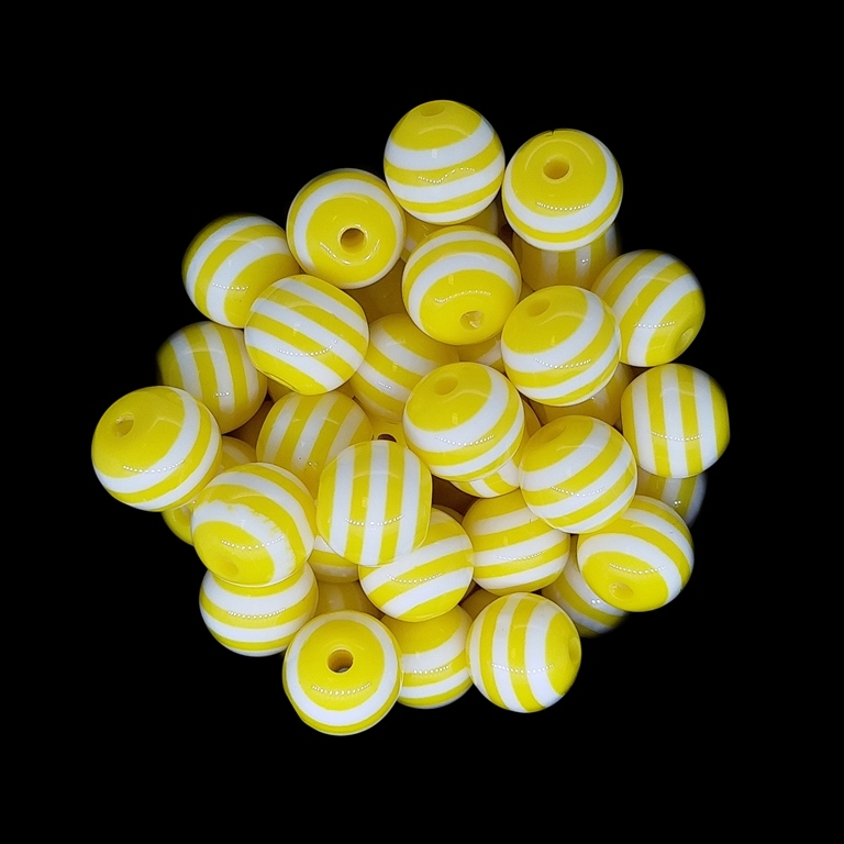 RESIN PLASTIC BEADS - BALL RESIN STRIPE BEADS - 10mm YELLOW WITH WHITE - 25 pcs. Hole-2.0mm