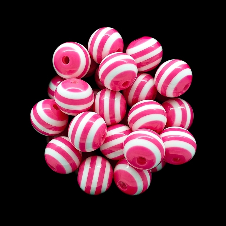 RESIN PLASTIC BEADS - BALL RESIN STRIPE BEADS - 12mm CYCLAMEN WITH WHITE - 500pcs. Hole-2.0mm