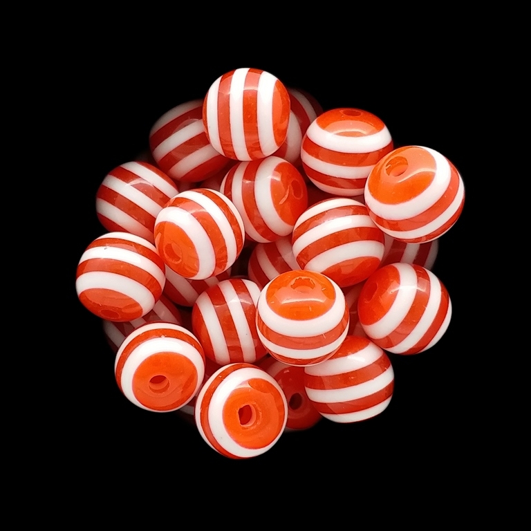 RESIN PLASTIC BEADS - BALL RESIN STRIPE BEADS - 12mm RED WITH WHITE - 500pcs. Hole-2.0mm