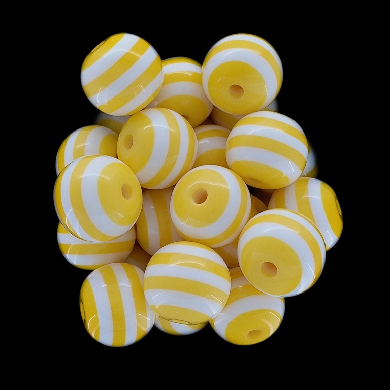 RESIN PLASTIC BEADS - BALL RESIN STRIPE BEADS - 14mm YELLOW (DARK) WITH WHITE - 10 pcs. Hole-2.5mm