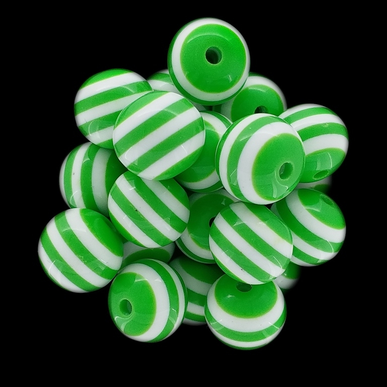 RESIN PLASTIC BEADS - BALL RESIN STRIPE BEADS - 14mm GREEN WITH WHITE - 10 pcs. Hole-2.5mm