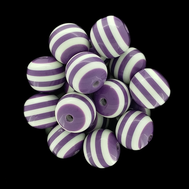 RESIN PLASTIC BEADS - BALL RESIN STRIPE BEADS - 14mm PURPLE WITH WHITE - 10 pcs. Hole-2.5mm