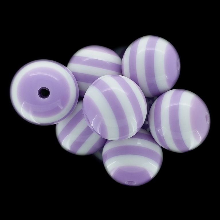 RESIN PLASTIC BEADS - BALL RESIN STRIPE BEADS - 20mm PURPLE (LIGHT) WITH WHITE - 5 pcs. Hole-3.0mm