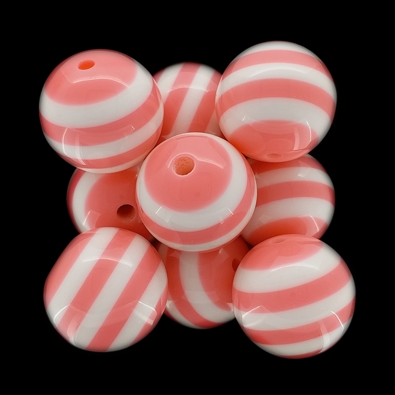 RESIN PLASTIC BEADS - BALL RESIN STRIPE BEADS - 20mm PEACH WITH WHITE - 5 pcs. Hole-3.0mm