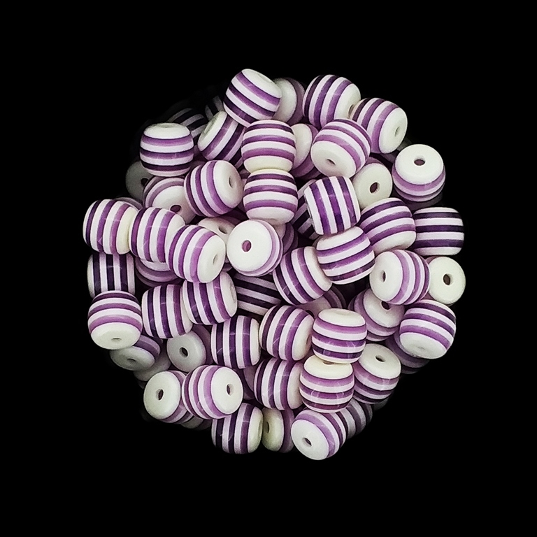 RESIN PLASTIC BEADS - BALL RESIN STRIPE BEADS TRANSPARENT - 8mm WHITE WITH TRANSPARENT PURPLE STRIPES - 50 pcs. Hole-1.5mm