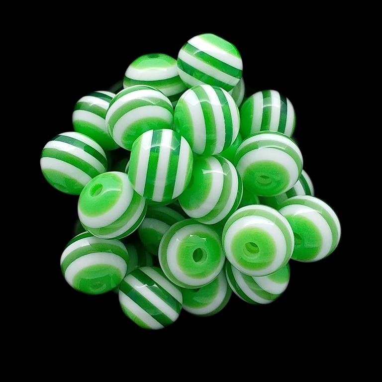 RESIN PLASTIC BEADS - BALL RESIN STRIPE BEADS TRANSPARENT - 12mm TRANSPARENT GREEN AND WHITE - 25 pcs. Hole-2.0mm