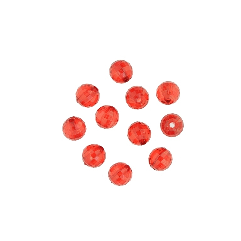 TRANSPARENT PLASTIC BEADS - BALL FACETED - 8mm RED V12 - 50g Hole-1.8mm (180pcs.)