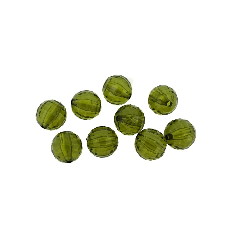 TRANSPARENT PLASTIC BEADS - BALL FACETED - 14mm GREEN MILITARY V67 - 50g Hole-2.5mm (33pcs.)