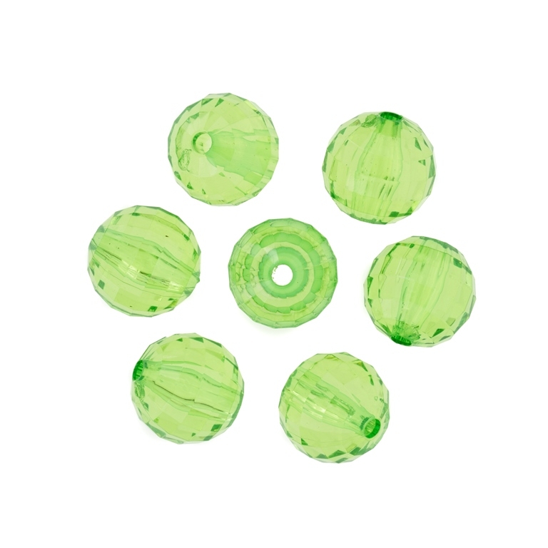 TRANSPARENT PLASTIC BEADS - BALL FACETED - 16mm GREEN (LIGHT) V34 - PACKAGE 500g Hole-3.0mm (205pcs.)