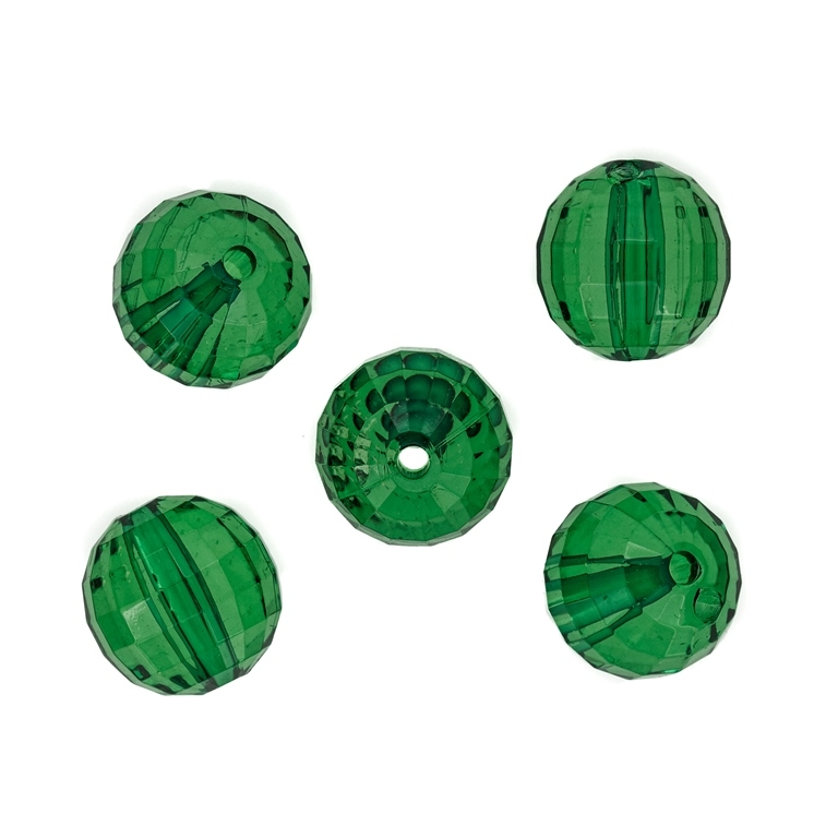 TRANSPARENT PLASTIC BEADS - BALL FACETED - 18mm GREEN (DARK) V17 - 50g Hole-3.5mm (14pcs.)