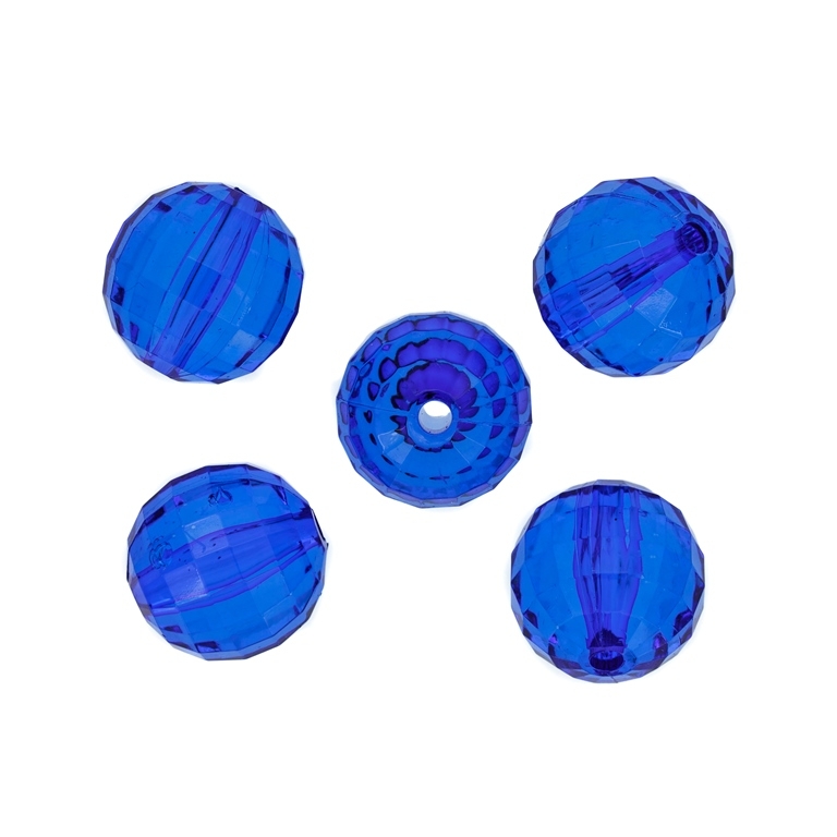 TRANSPARENT PLASTIC BEADS - BALL FACETED - 18mm BLUE (DARK) V44 - PACKAGE 500g Hole-3.5mm (140pcs.)