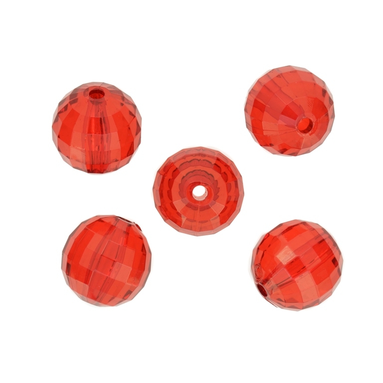 TRANSPARENT PLASTIC BEADS - BALL FACETED - 18mm RED V12 - 50g Hole-3.5mm (14pcs.)