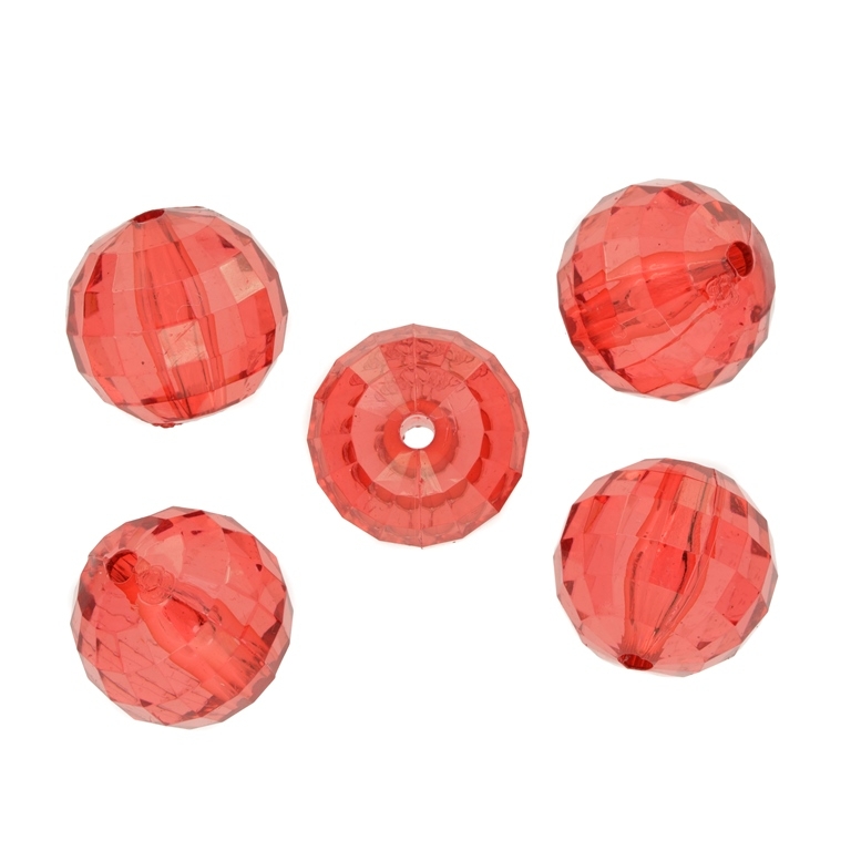 TRANSPARENT PLASTIC BEADS - BALL FACETED - 20mm RED V10 - PACKAGE 500g Hole-4.0mm (105pcs.)