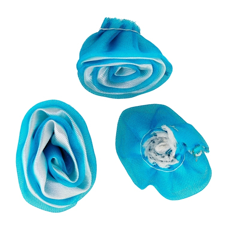 TEXTILE BEADS - SATIN AND ORGANZA - ROSE - 30mm WHITE 001 AND BLUE TURQUOISE 047 - 10 pcs.