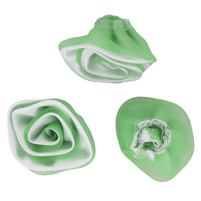 TEXTILE BEADS - SATIN AND ORGANZA - ROSE - 30mm WHITE 001 AND GREEN - PACKAGE 50pcs.