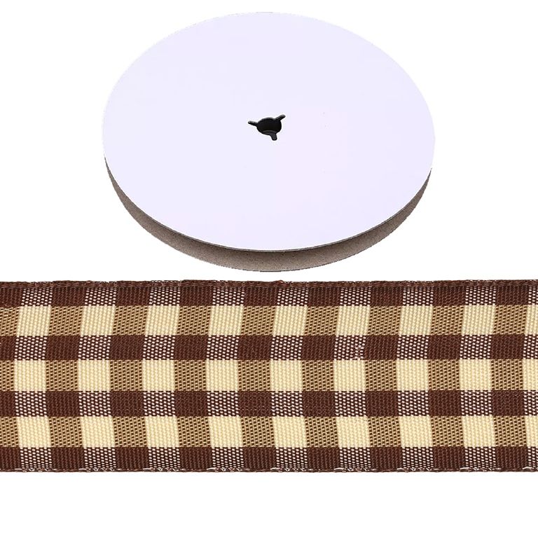 COUNTRY CHECK PATTERN RIBBON - 26mm BROWN AND BEIGE - PACKAGE 2x50yards(45m)