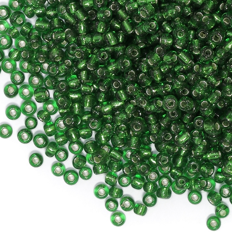 GLASS SEED BEADS - BALL 4mm - SILVER LINED - GREEN 27В - 50g Hole-1.5mm