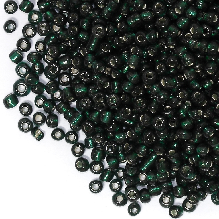 GLASS SEED BEADS - BALL 4mm - SILVER LINED - GREEN (DARK) 53А - 50g Hole-1.5mm