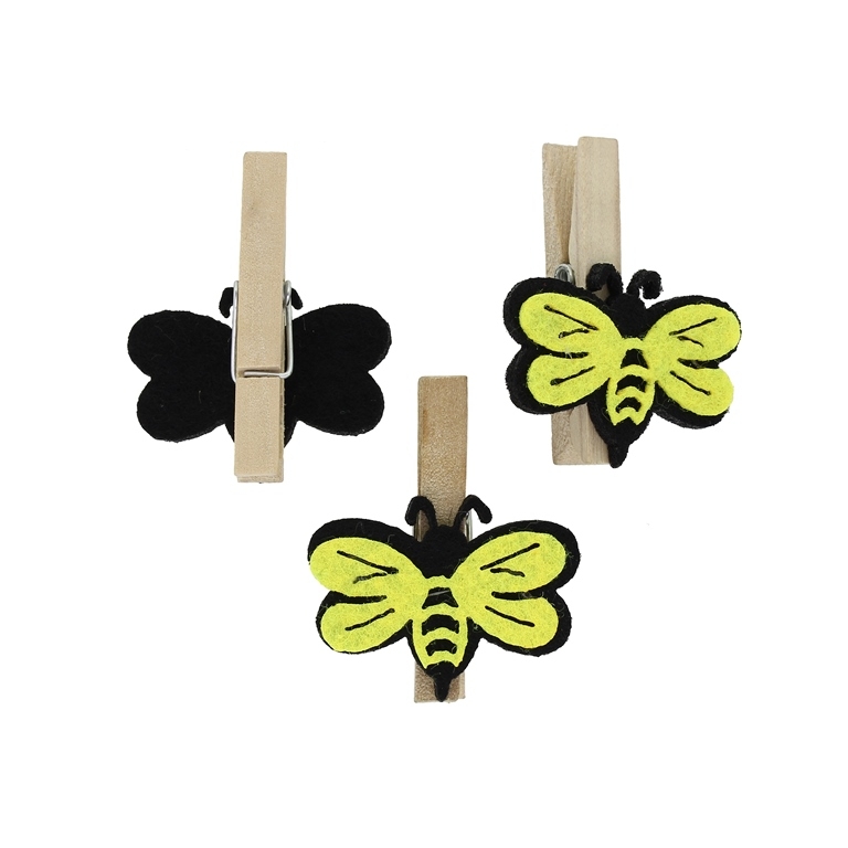 WOODEN FIGURES - CLOTHESPIN WITH FELT FIGURE - BEE 02 - 48x10x7mm - NATURAL WITH YELLOW AND BLACK - PACKAGE 50pcs.