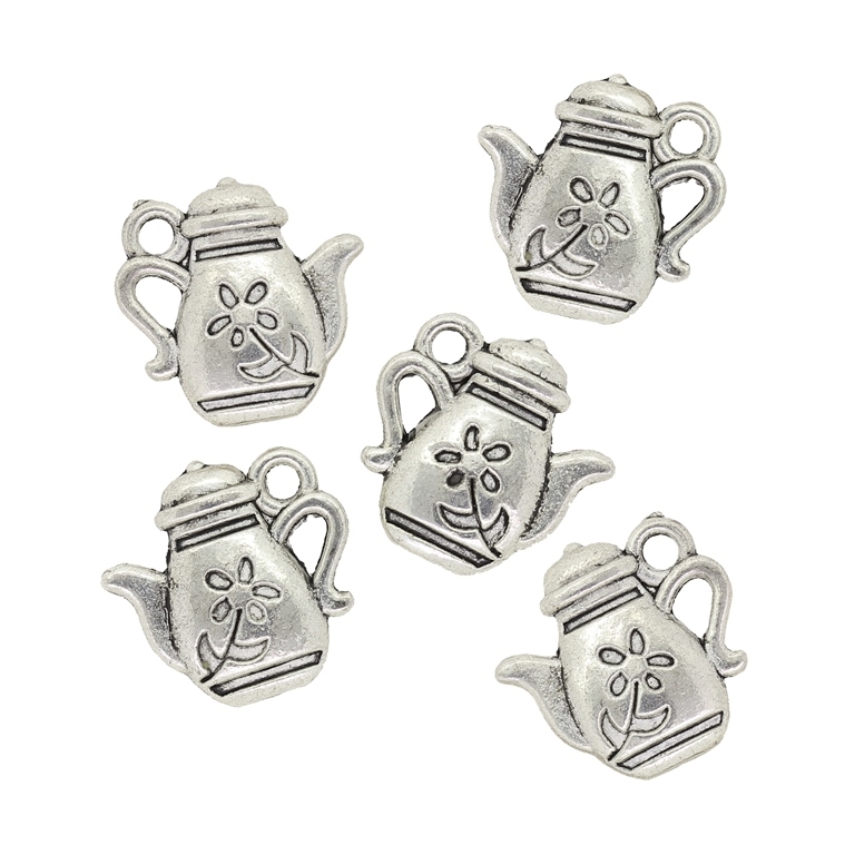 METAL BEADS - PENDANT - KETTLE WITH FLOWERS 01 - 13x13x3mm NICKEL - PACKAGE 80pcs. Hole-1.8mm