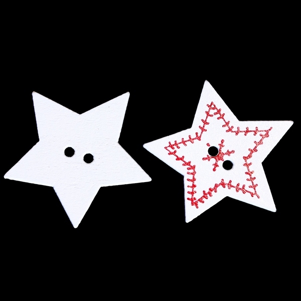 WOODEN FIGURES - CHRISTMAS - BUTTON TYPE - STAR 05 - 32x2mm WHITE AND RED - 10 pcs. Hole-2x2.0mm